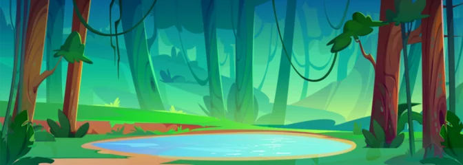 Behang Cartoon vector summer forest landscape with lake. Little pond with blue clear water, shore with green grass, trees with moss and bushes. Spring panoramic nature scene of woodland with reservoir. © klyaksun