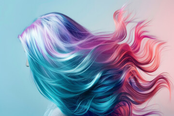 Colorful Fantasy Hair Flowing in Vibrant Hues on Pastel Background