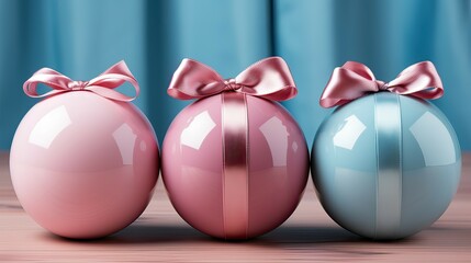 Three balls. pink and blue Christmas trinkets with satin bows