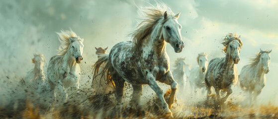 Wild horse stampede. Desaturated color palette, highly detailed. Horses, nature, outdoor.