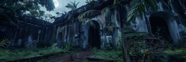 Abandoned Colonial Fort at Night Background - Haunting illustration of an abandoned colonial fort under the moonlight, its crumbling walls overtaken by the jungle created with Generative AI Technology - obrazy, fototapety, plakaty
