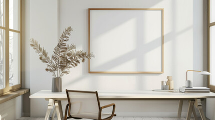 Fototapeta na wymiar Modern Minimalist Home Office with Blank Frame for Mockup