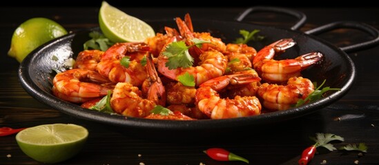 A skillet filled with freshly cooked shrimp, seasoned to perfection and topped with vibrant cilantro leaves. The dish is vibrant and appetizing, ready to be enjoyed at a restaurant setting.