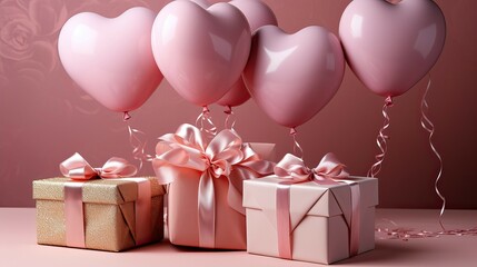 Gift boxes with heart shaped balloons on pink background. 3d illustration