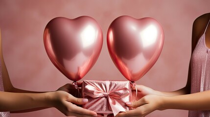 Female hands holding gift box and heart shaped balloons on pink background