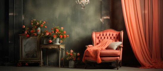 A red chair is positioned next to a window featuring a luxurious chandelier hanging above. The room is styled with high ceilings, vintage furniture, a coral curtain, and a cozy pillow on the armchair.
