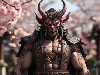 A human shaped Japanese demon stands looking at the camera HD Wallpapers