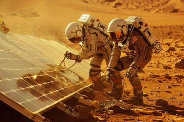 astronauts installing solar panels or other renewable energy sources - 755373911