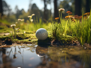 golf ball on a tee in the grass with sunlight