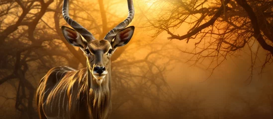Foto op Canvas A Greater Kudu antelope standing in the middle of a dense forest. The antelope is fully visible, showcasing its impressive horns and striking features against the backdrop of lush greenery. © TheWaterMeloonProjec