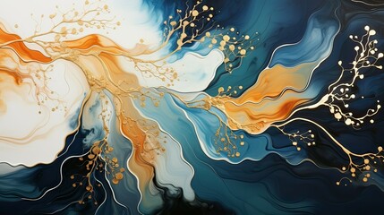 Abstract background of blue, orange and golden marble liquid texture. 3D illustration