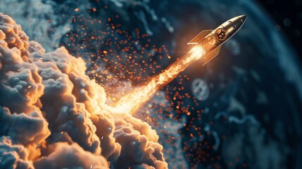 Cryptocurrency rocket launch signaling a surge in Bitcoin value