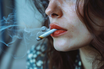 Close up of young woman smoking a cigarette - obrazy, fototapety, plakaty
