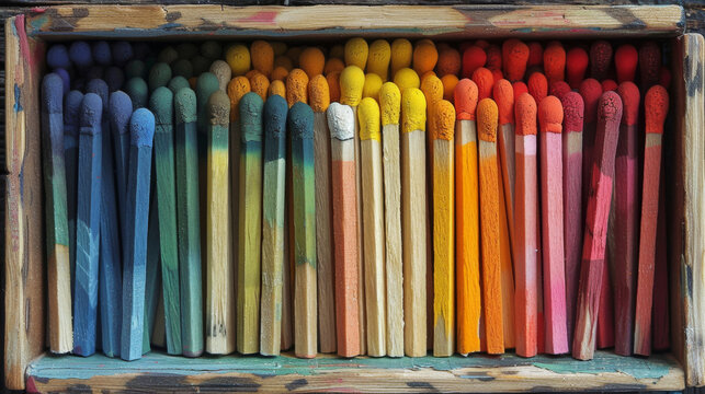colorful matches in a wooden box