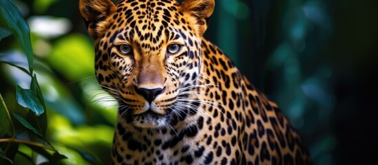 A close-up view of a leopard standing near trees in its natural habitat. The leopards distinctive spots blend in with the surroundings as it observes its environment.