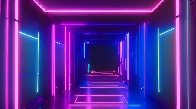 Neon-Lit Geometric Figure: 3D Render Illuminated in Dark Tunnel with Laser Glow