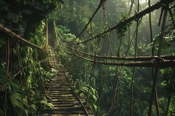 Photo sur Aluminium Kaki Jungle Bridge Vines Background - Over a Ravine a precarious bridge made of vines and wooden planks, stretching across a deep ravine in the heart of the jungle created with Generative AI Technology
