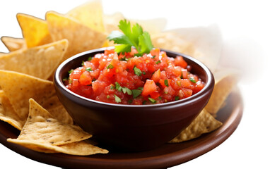 Bowl of Vibrant Salsa with Tortilla Chips Isolated on Transparent Background PNG.