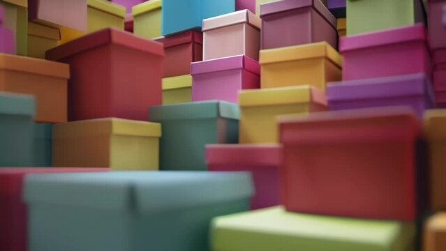 A series of colorful boxes stacked high in a storage facility representing the diverse range of products available for sale and ready to be shipped from a successful ecommerce
