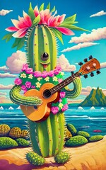 A cactus wearing a Hawaiian shirt and playing a ukulele, painting