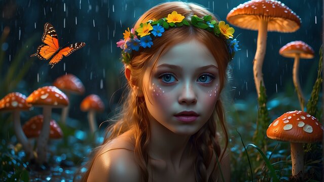 Mystical Rain in Enchanted Forest - Fairy with Glowing Wings Among Luminous Mushrooms