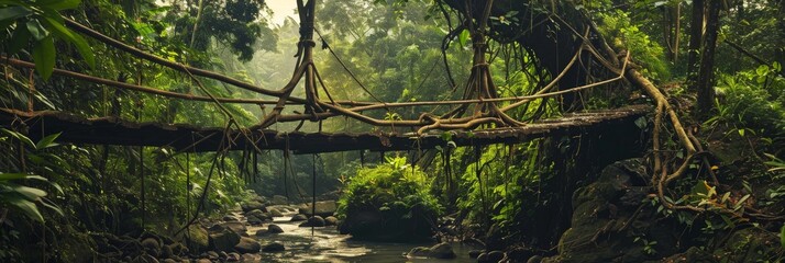 Jungle Bridge Vines Background - Over a Ravine a precarious bridge made of vines and wooden planks, stretching across a deep ravine in the heart of the jungle created with Generative AI Technology