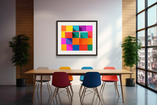 An HD-captured image of an office space, adorned with a blank white frame emphasizing simplicity and vibrant colors.