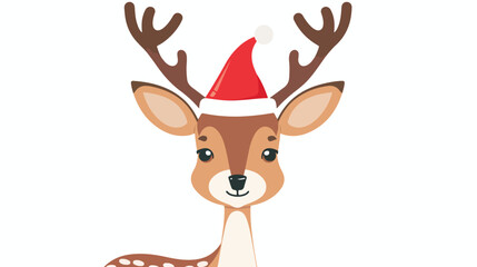 Cute deer cartoon with christmas red hat flat vector