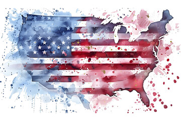 Watercolor American Flag with USA Map Design, celebrating Independence Day of USA 