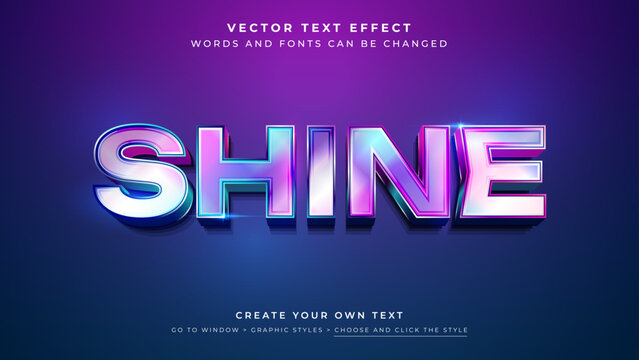 Vector Editable 3D colorful shiny text effect. Blue purple holographic glass graphic style on abstract background