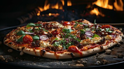Delicious pizza on wooden table on fire background, close-up