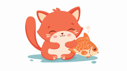 Cute red kawaii kitten hugging a fish flat vector