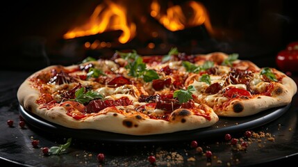 Delicious pizza on wooden table on fire background, close-up