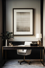 Fototapeta na wymiar An elegant office setting with a focus on simplicity, featuring a solitary blank white frame against a backdrop of sophisticated, muted tones, radiating refinement.