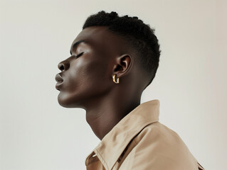 Obraz premium A photo of a minimal modern fashion shoot with young black men, featuring an oversized beige shirt and large gold earrings, in muted earthy colors, with creative editorial photography.