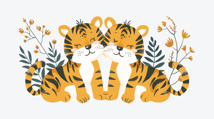 Baby shower card with cute tigers couple flat vector