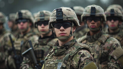 A group of soldiers in full army gear each with a personalized name tag displayed prominently