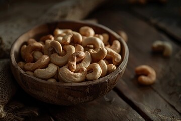 Fototapeta premium roasted cashew nuts in a wooden bowl on the table