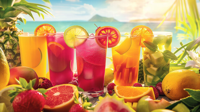 Blend a colorful array of fruit juices to create a vibrant summer collection set against a tranquil backdrop background