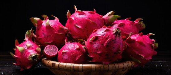 A wooden bowl sits on top of a table, overflowing with vibrant dragon fruit. The exotic fruit, with its distinctive pink skin and white flesh speckled with black seeds, looks ripe and enticing.