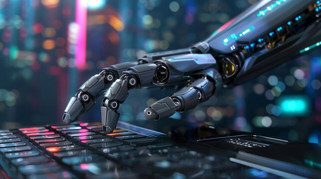 D animated robot hand typing on a keyboard against a backdrop background of a digital cityscape