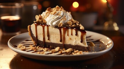 Feast your eyes on a mouthwatering slice of peanut butter pie, topped with a generous swirl of whipped cream and a sprinkle of crushed peanuts.