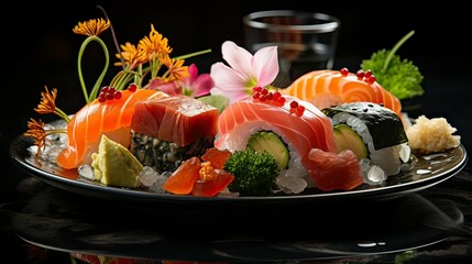 Salmon sushi on a black plate. Japanese cuisine.
