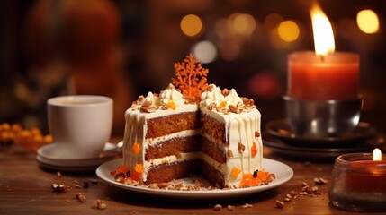 Feast your eyes on a tantalizing slice of carrot cake, embellished with creamy frosting and nuts, presented on a festive table alongside a cup and a gently burning candle.
