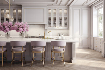 An elegant kitchen with minimalist features, showcasing a serene color palette of whites and neutrals with hints of soft lavender.