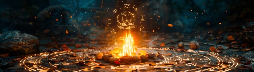 Zodiac sigils surround a gypsy campfire, mystical storytelling - obrazy, fototapety, plakaty