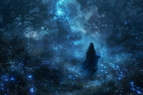 A witch cast magic to enchanted forest at night with trees and plants emitting a magic blue glow.