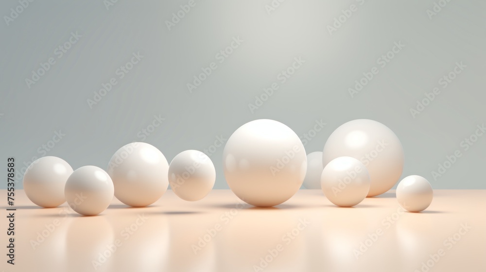 Poster A variety of small and large cream balls, matte spheres in motion on a gray background with copy space.