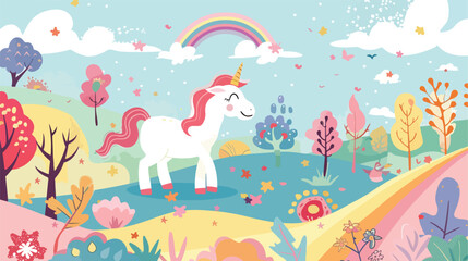 Beautiful little unicorn with rainbow in the landscape