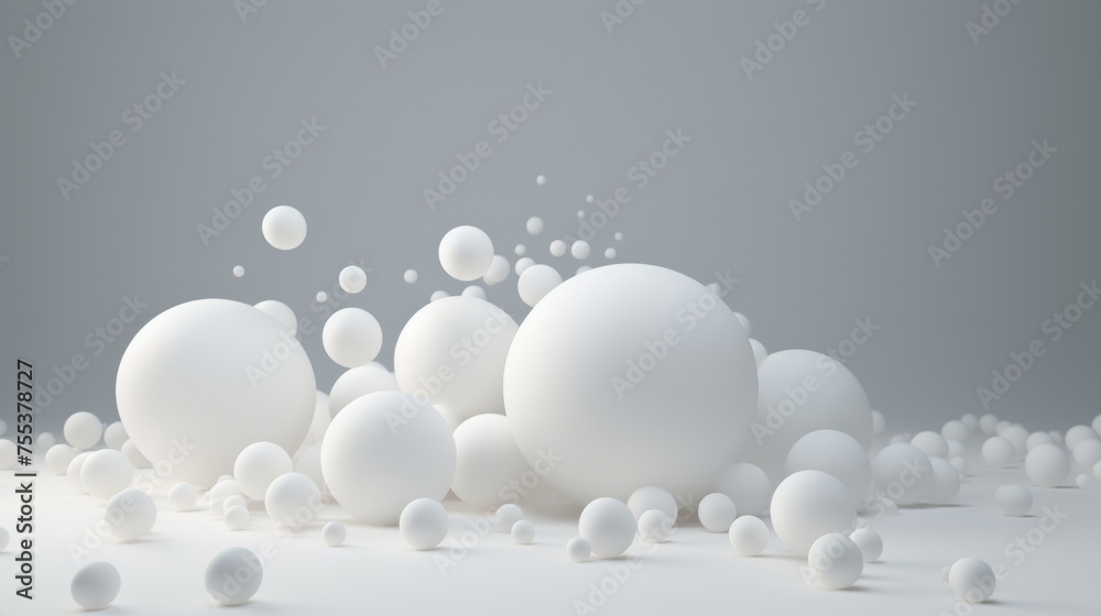 Poster A variety of small and large white balls, matte spheres in motion on a gray background with copy space.